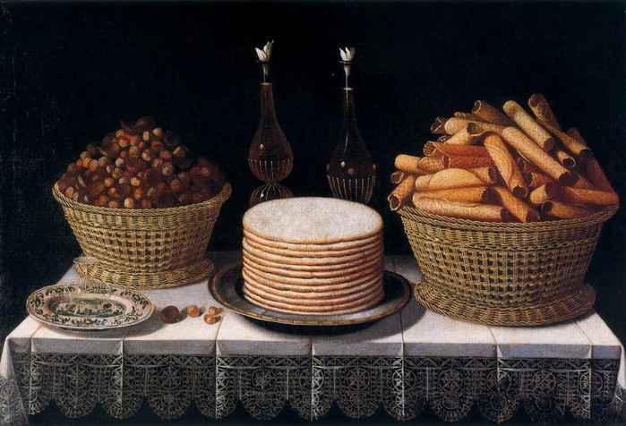 an oil painting on canvas shows baskets with bread and pastries