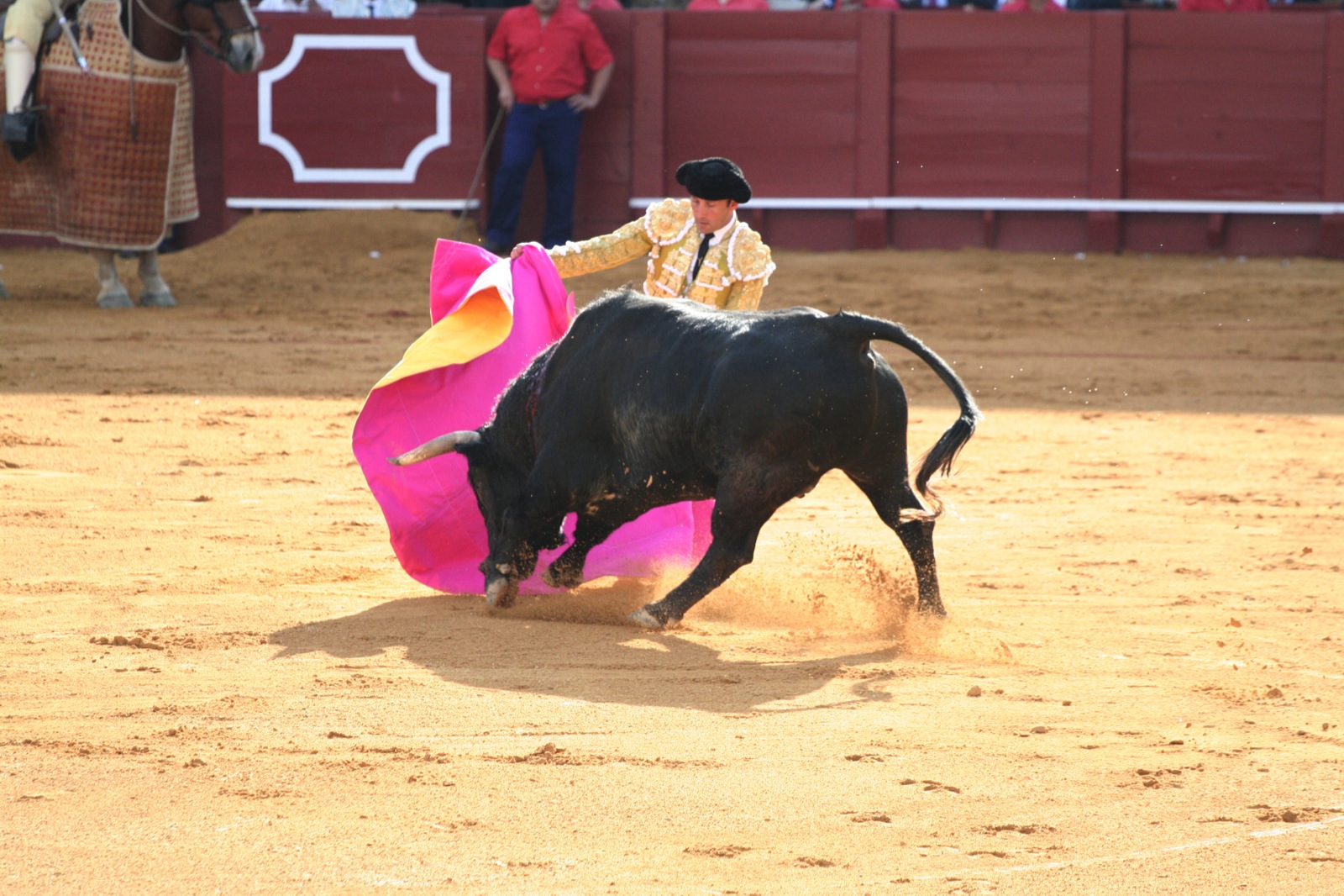 a man is fighting with a black bull