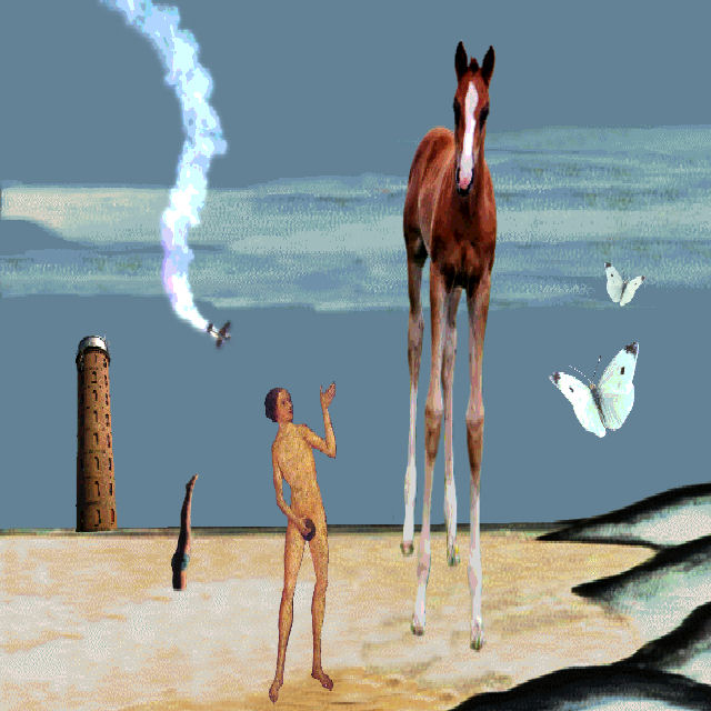 a man is petting a horse on the beach with erflies flying around