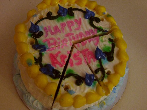 birthday cake decorated with colorful icing and candles