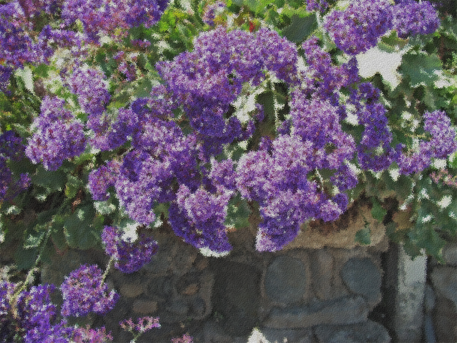 an artistic po of purple flowers blooming over brick wall