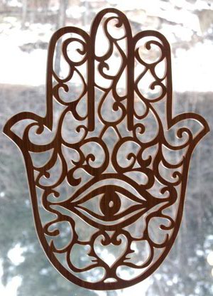 the hand of hamsa in front of a window