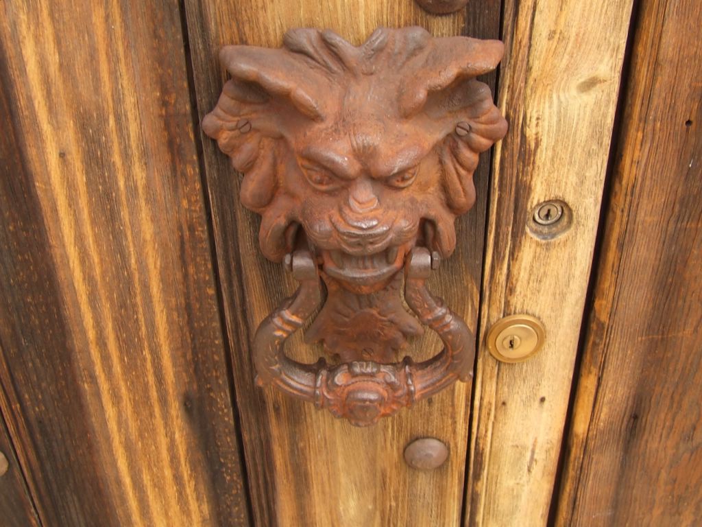 the door handle on the door is shaped like a dragon