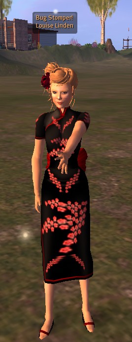 an animated woman wearing a red dress
