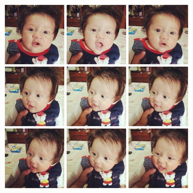 multiple pos of an infant making faces while wearing a bowtie