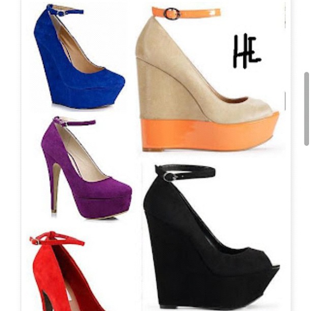 a collection of wedge high heel shoes
