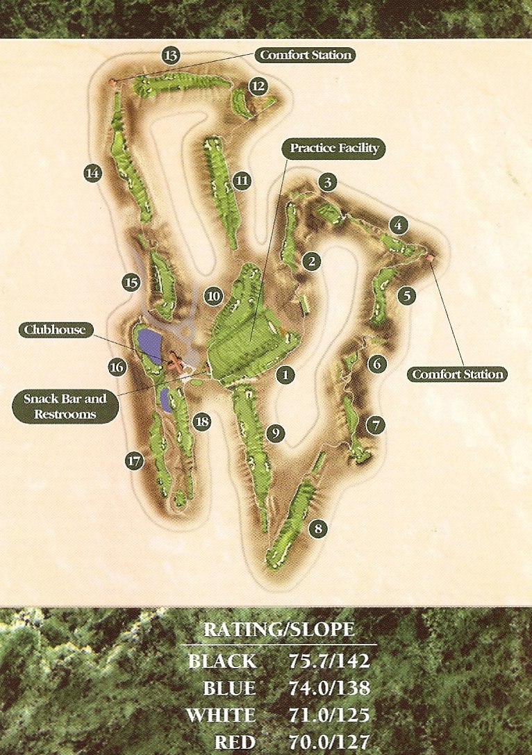 the map for the golf course showing a green, hole 8, 7, 7, and