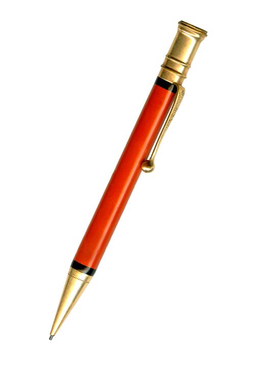 an orange pen with golden trim