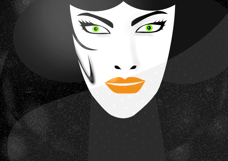 a woman in black and white with orange lips