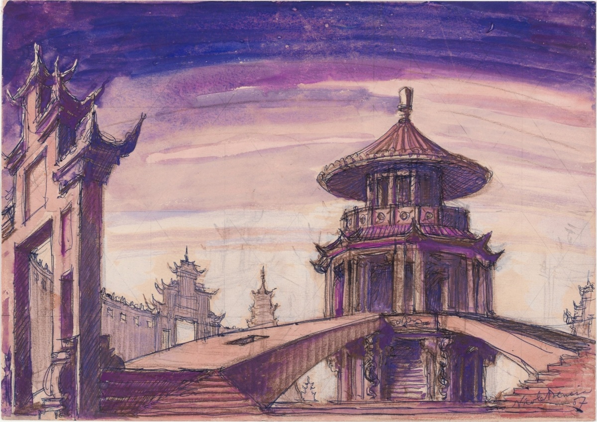 a drawing of an oriental pagoda and bridge