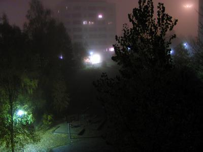 foggy night in a park, with a couple lamps