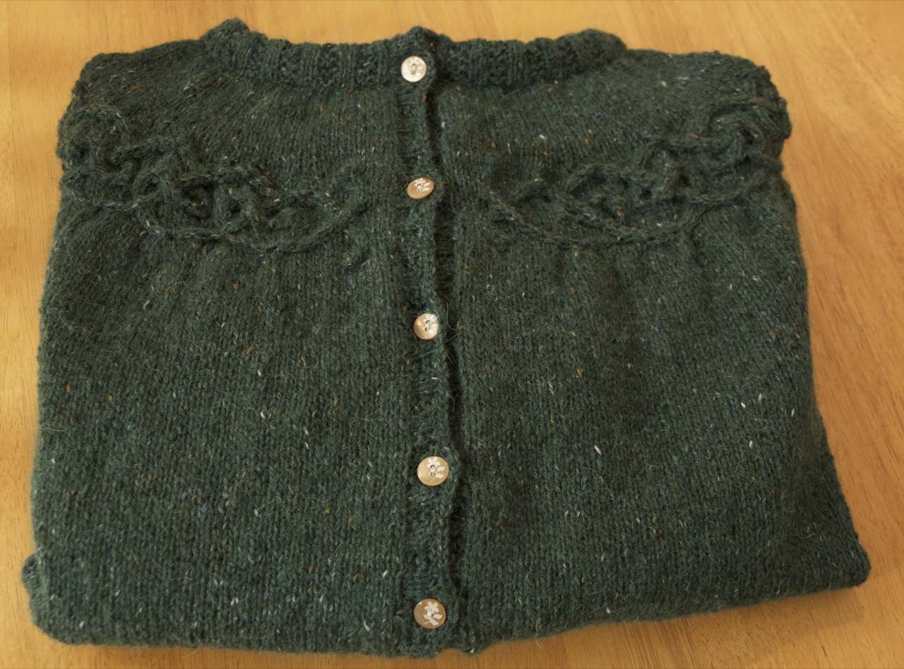 the back side of a sweater with ons