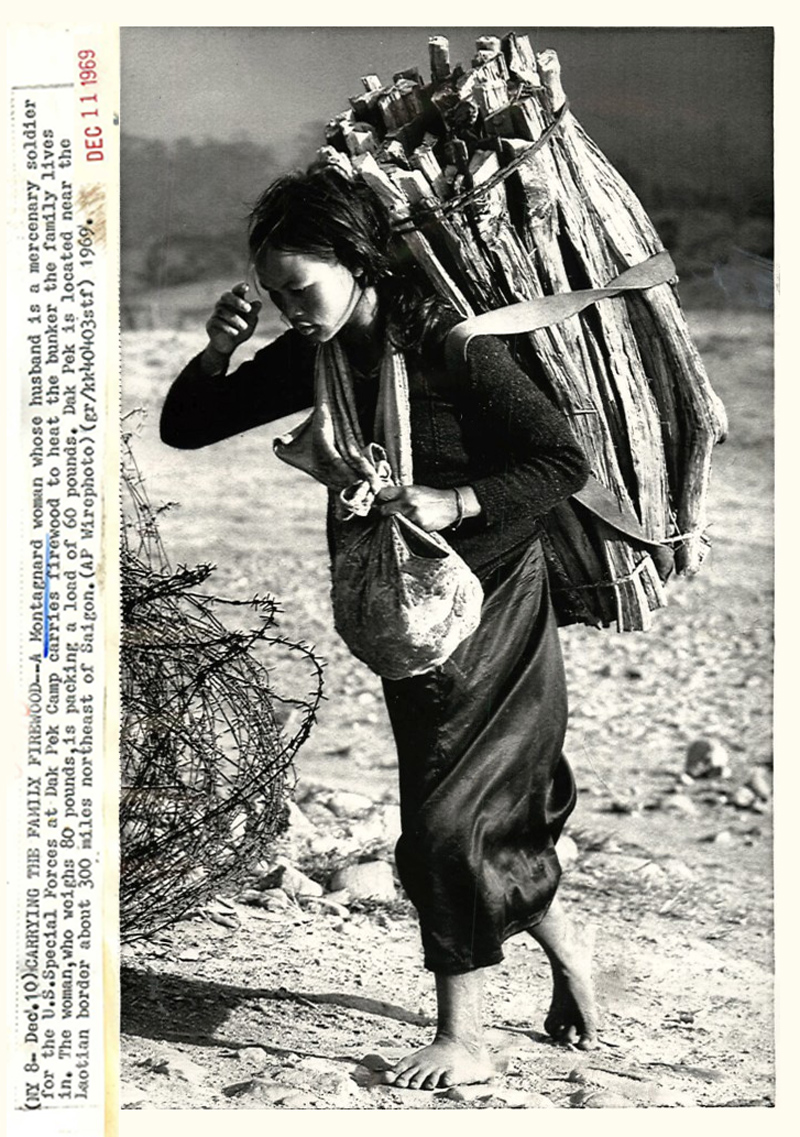 a woman carrying a bunch of large sticks on her back