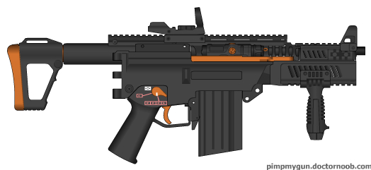 an orange and black machine gun, with two guns on it