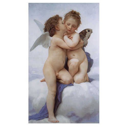 two angels hugging while lying on top of a cloud