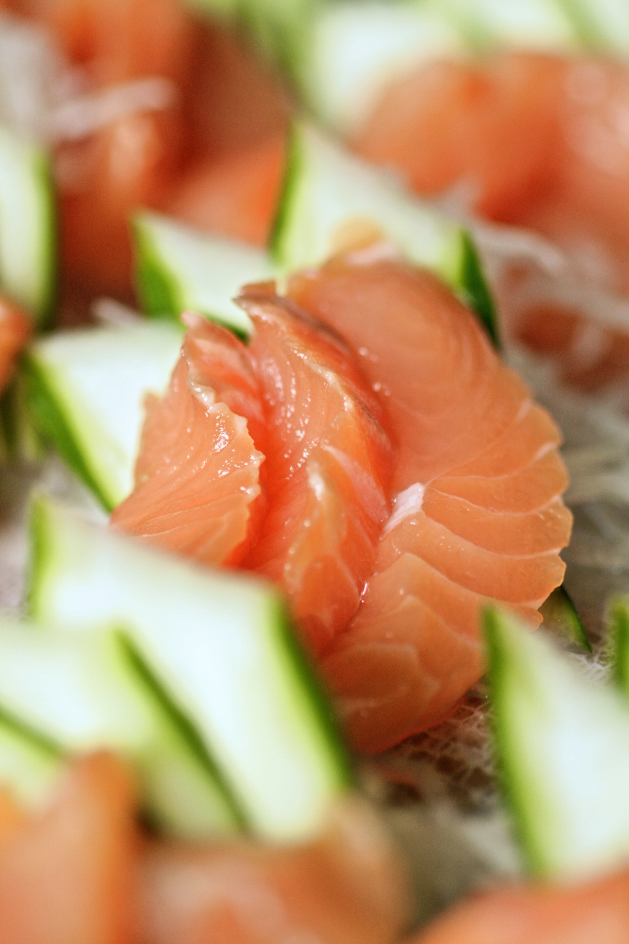 a closeup view of salmon slices with cucumbers