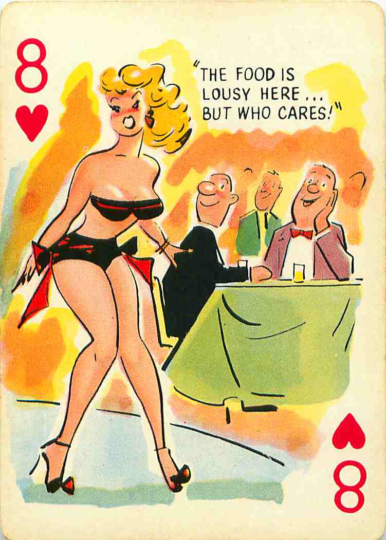 a woman wearing lingerie in front of men at a card game
