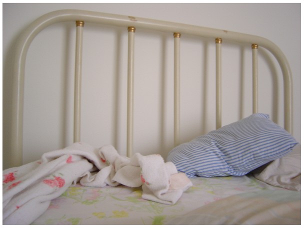 an empty bed with clothes hanging up on the rails
