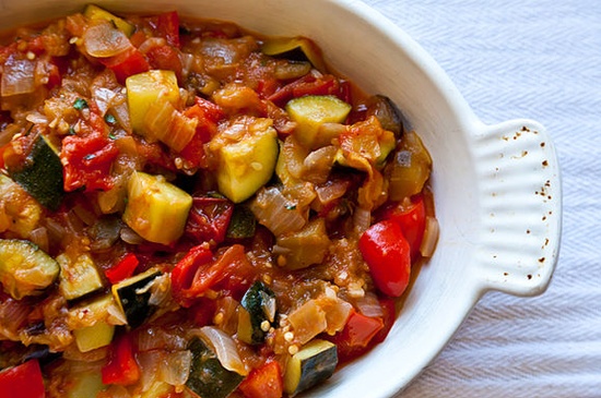 vegetable stew in large serving dish with spoon