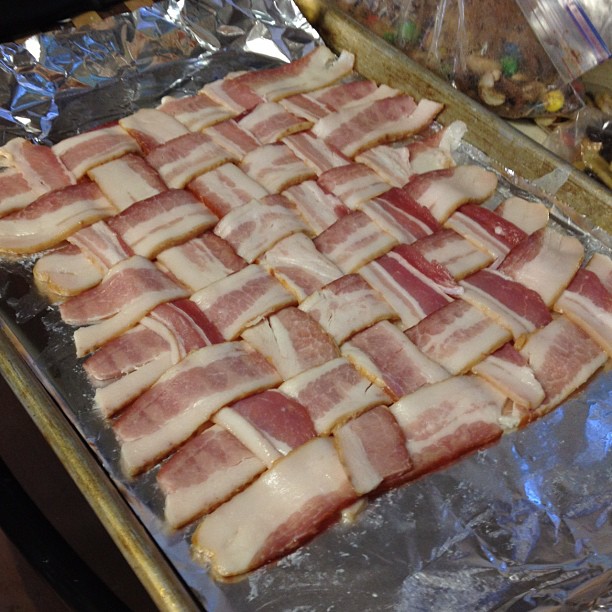 a pan filled with bacon cut into small squares