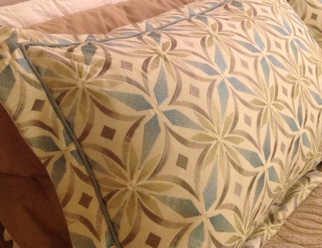 a close up of two decorative pillows on a bed