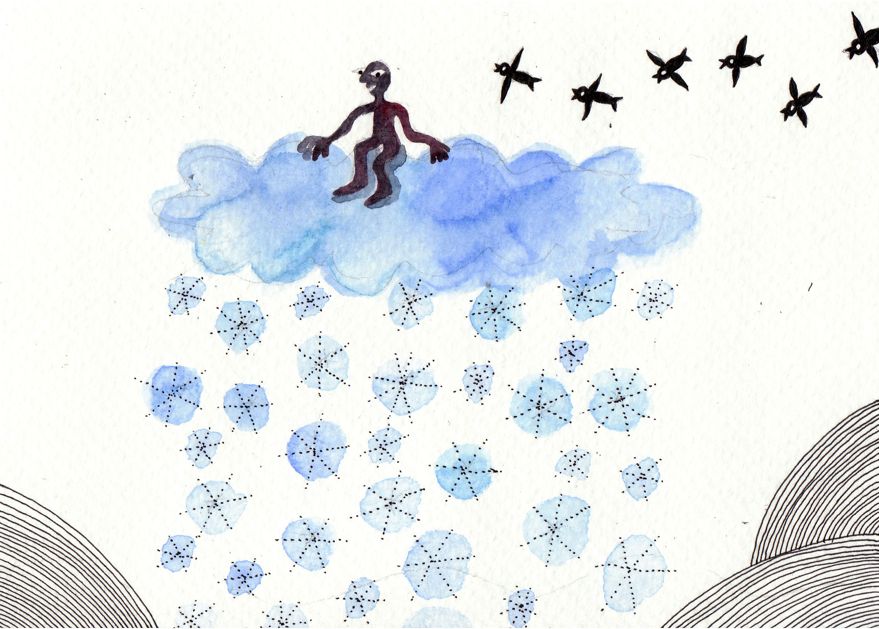 a drawing with birds flying in the sky