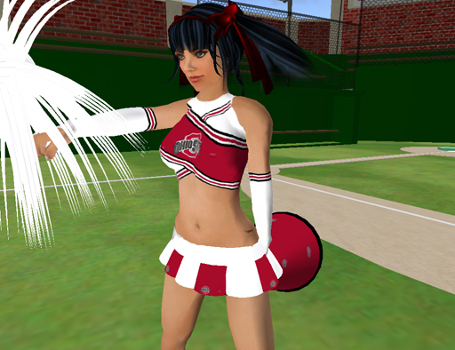 the 3d model is posed with a cheerleader in front of a stadium