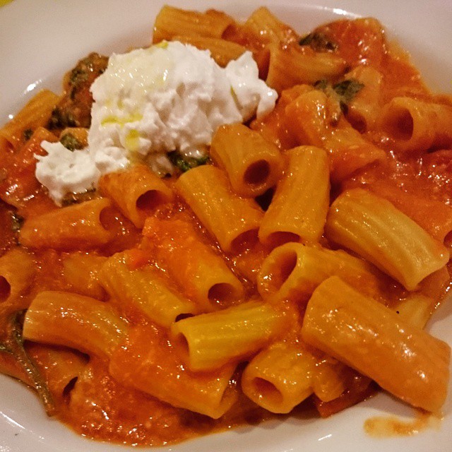 a pasta dish with cream, tomatoes and onions