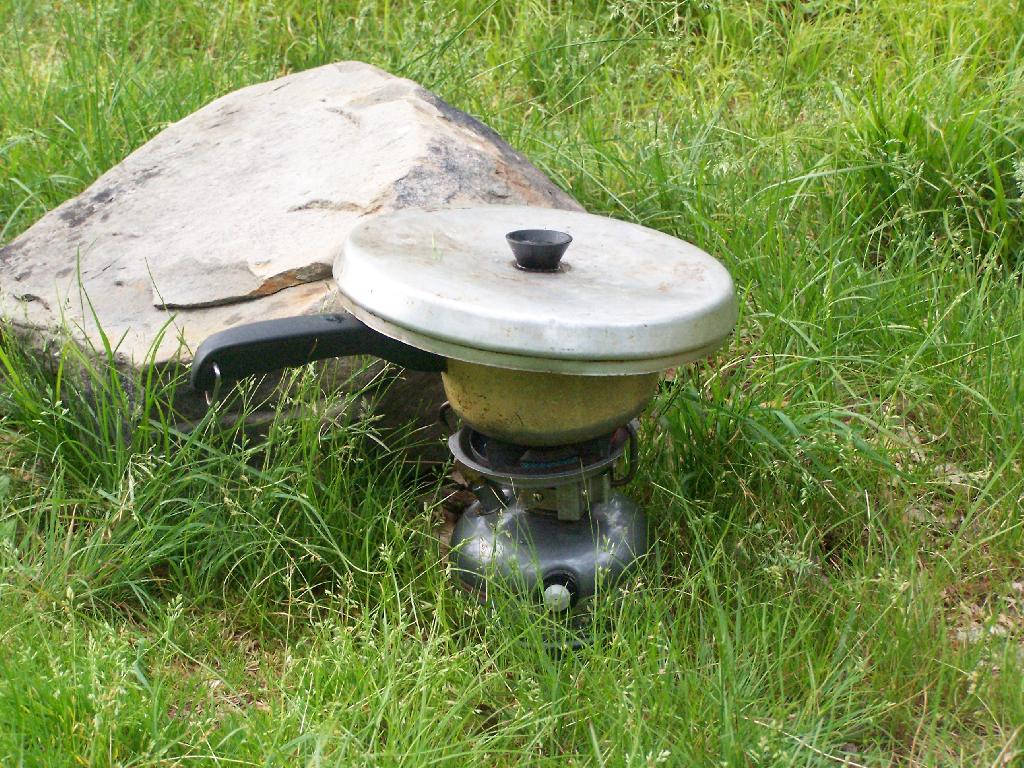 a rusted out stove sits in the grass with a rock in front