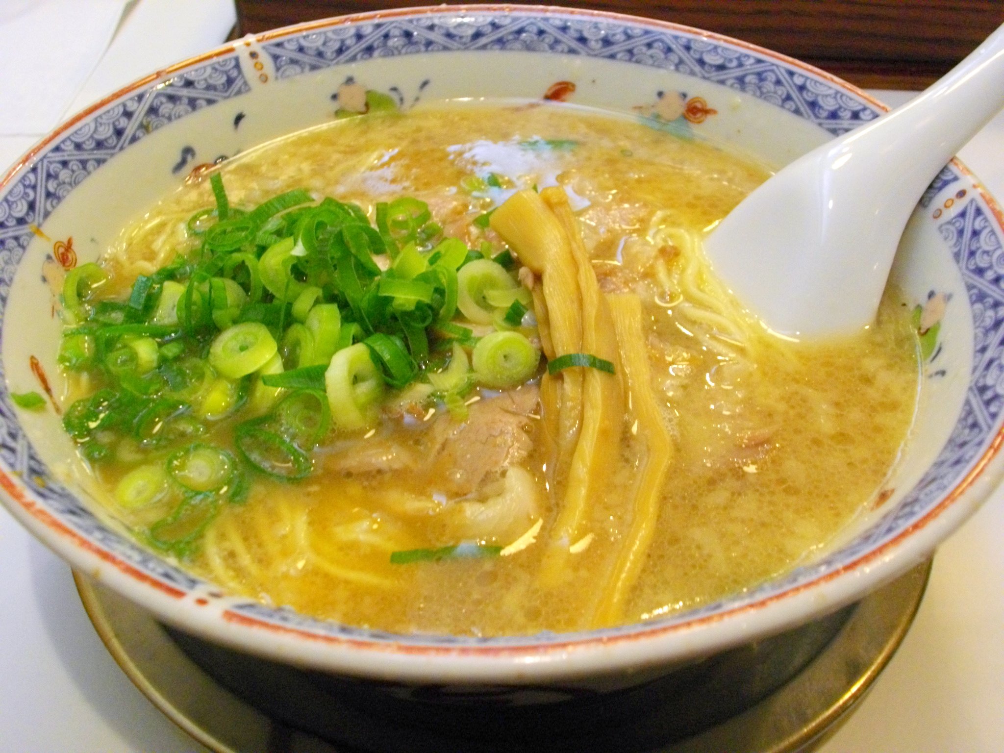 an ornate bowl of soup with noodles and green onions
