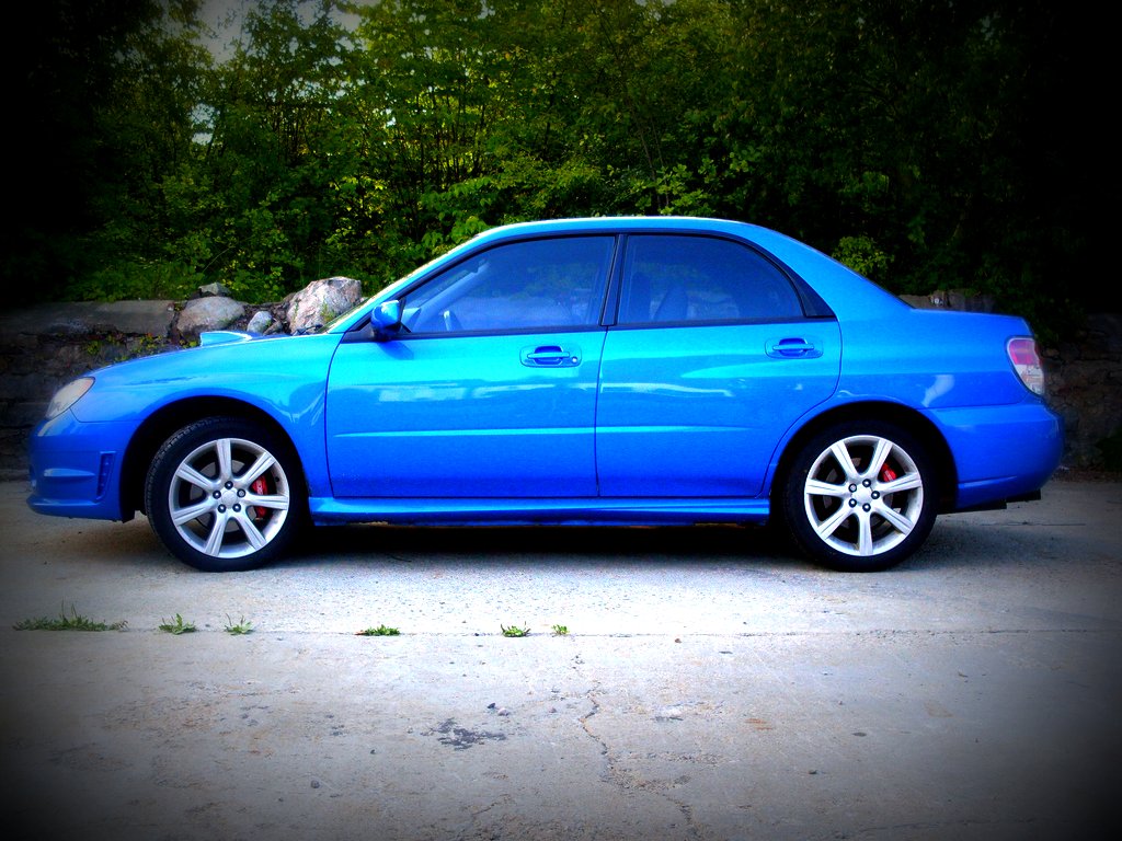 a blue car is parked near some green bushes