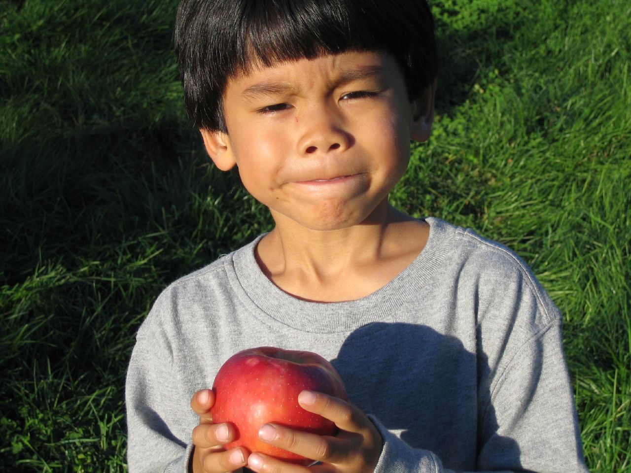 a  holding an apple in front of him