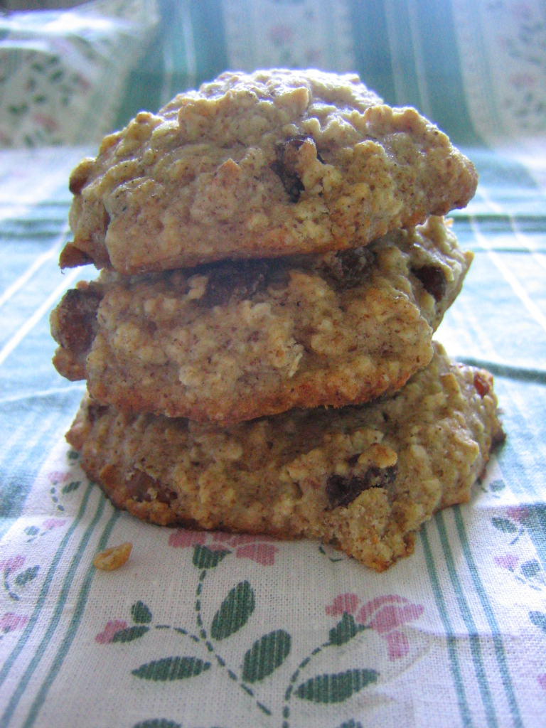 three oatmeal cookies stacked on a table cloth