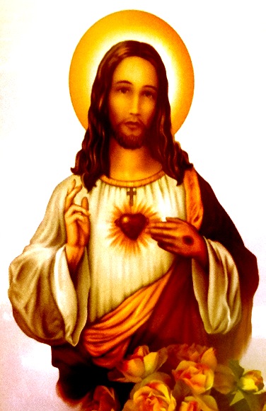 jesus christ holding a heart surrounded by flowers