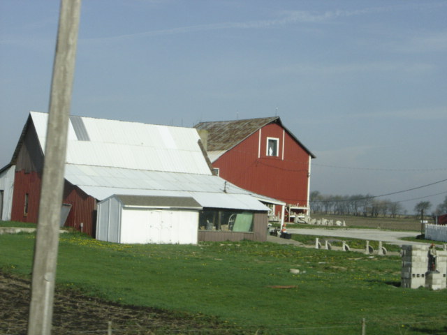 a white barn and red barn in the country