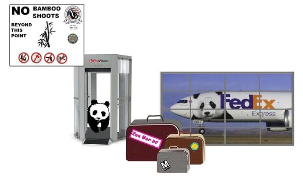 a series of various symbols and pictures show a panda airplane next to a fed ex exit gate