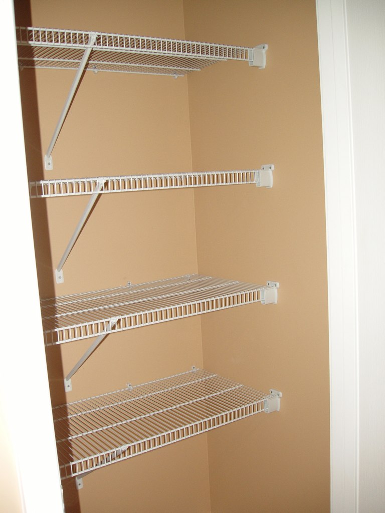 a closet with shelving on a wall and a toilet