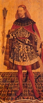 an old painting of a man wearing red