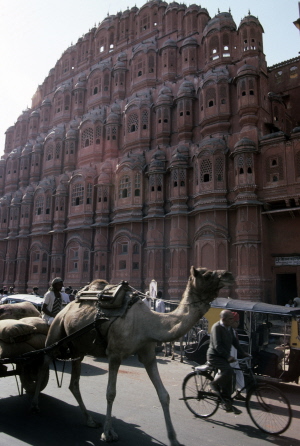 a horse pulls a cart with people on it while two other carriages drive by in front of a building