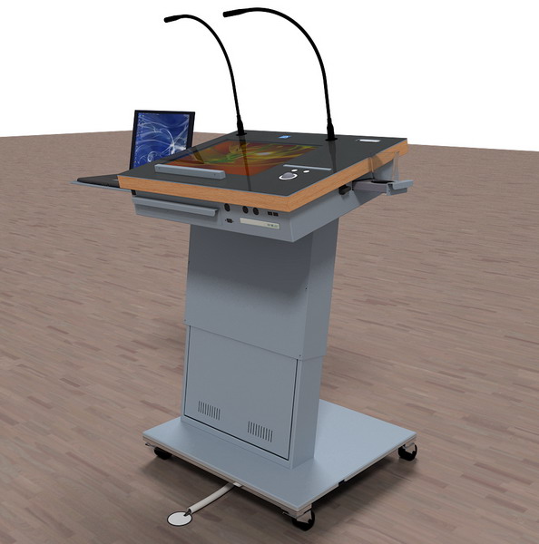 a standing podium with a laptop sitting on top