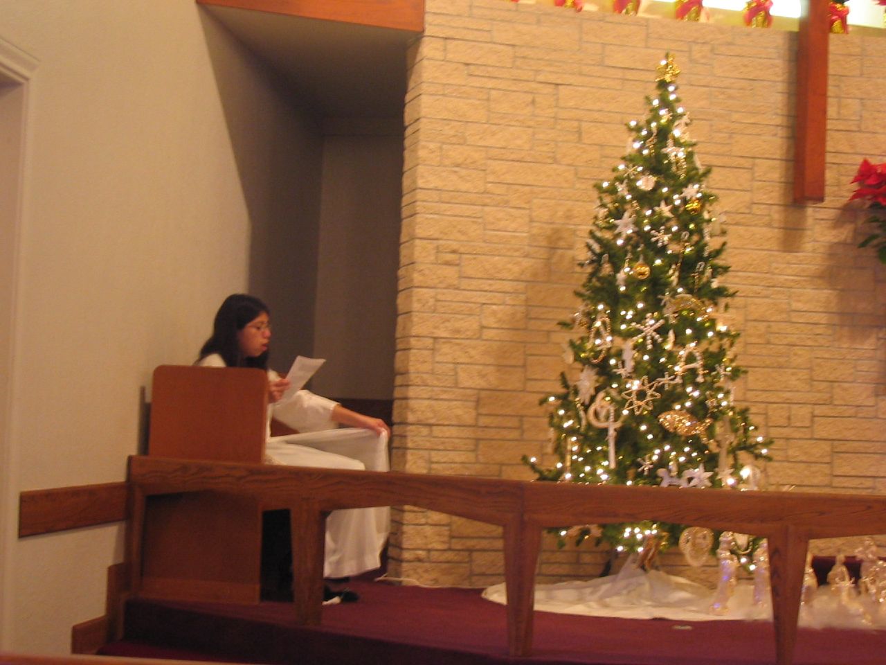 a woman sits next to a christmas tree and reads a note