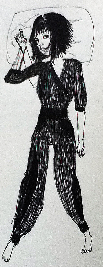the drawing depicts a woman wearing an off - shoulder dress holding two swords