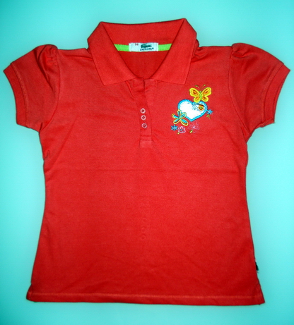 a red polo shirt with an embroidered erfly