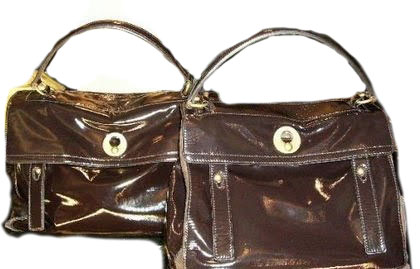 two purses, one made of a brown leather, the other made from gold leaf material