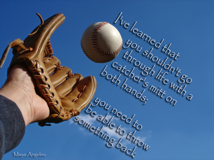 the baseball glove is flying through the air with words above it