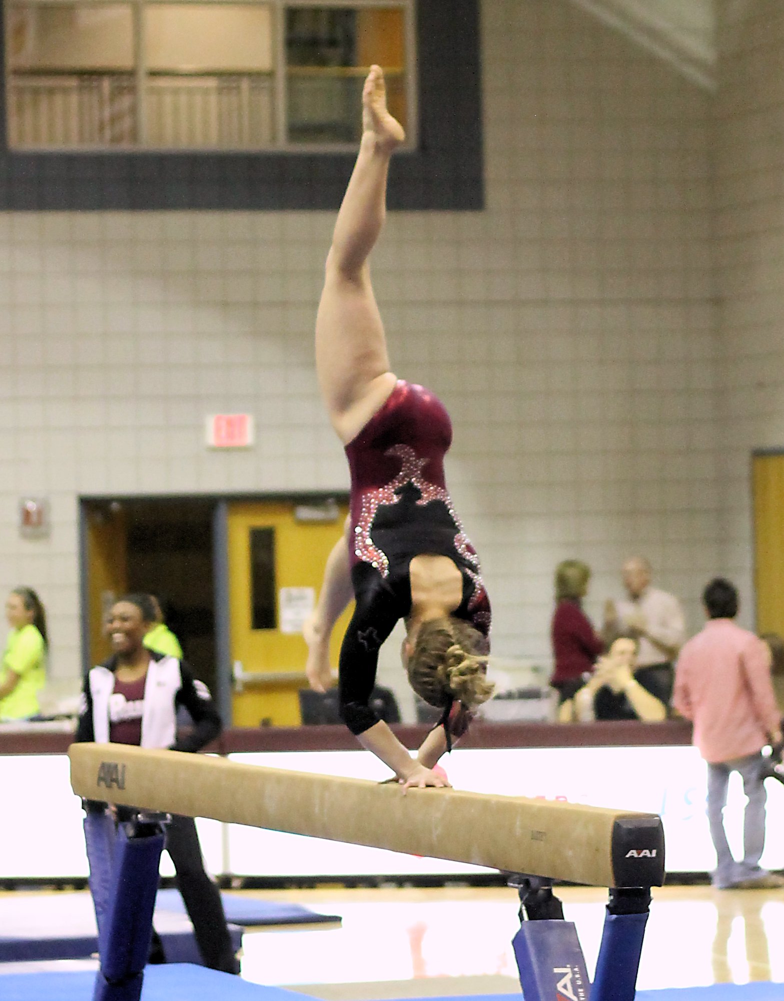 a girl balances on the parallel bar at a gymnastics match