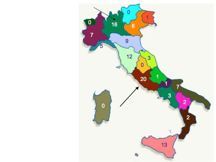 the italy country is colored with numbers