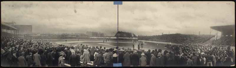 an old black and white po shows a baseball field