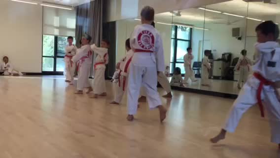 a group of people doing karate in an indoor gym