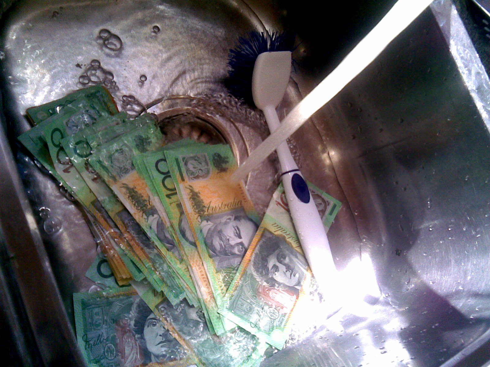 there are many money sitting in the sink with a toothbrush